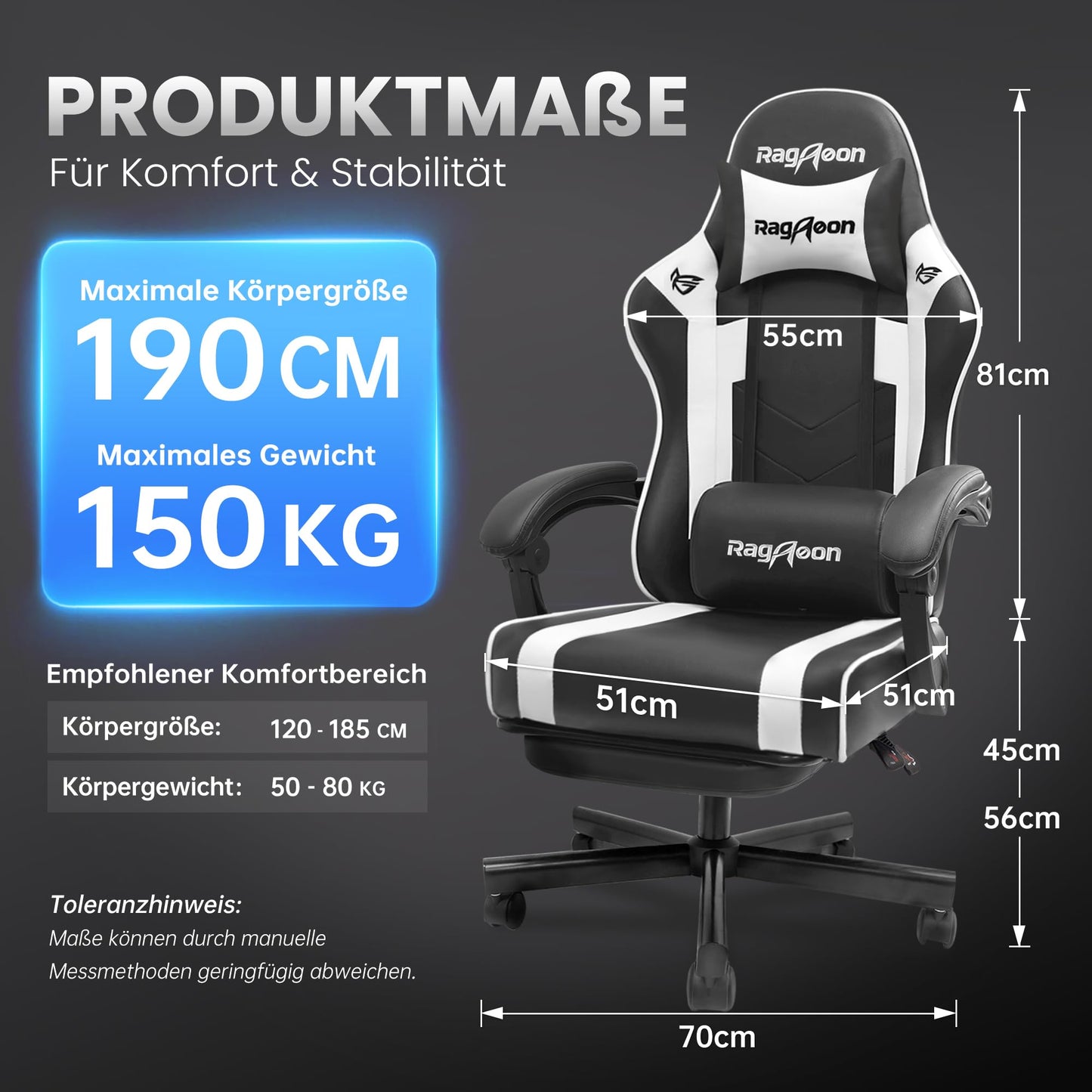 Gaming Stuhl – Ergonomisch mit Fußstütze, Kopfstütze & Lordosenstütze, bis 150 kg, Schwarz