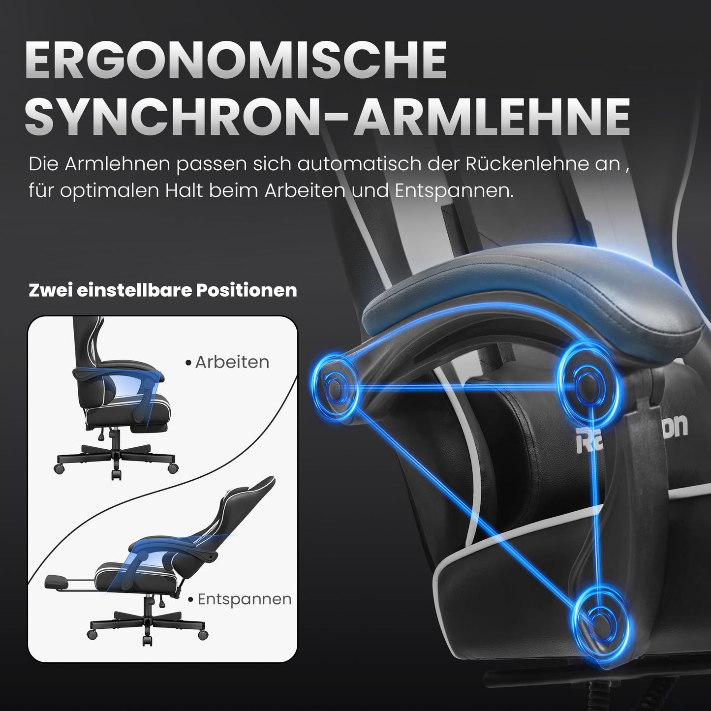 Gaming Stuhl – Ergonomisch mit Fußstütze, Kopfstütze & Lordosenstütze, bis 150 kg, Schwarz