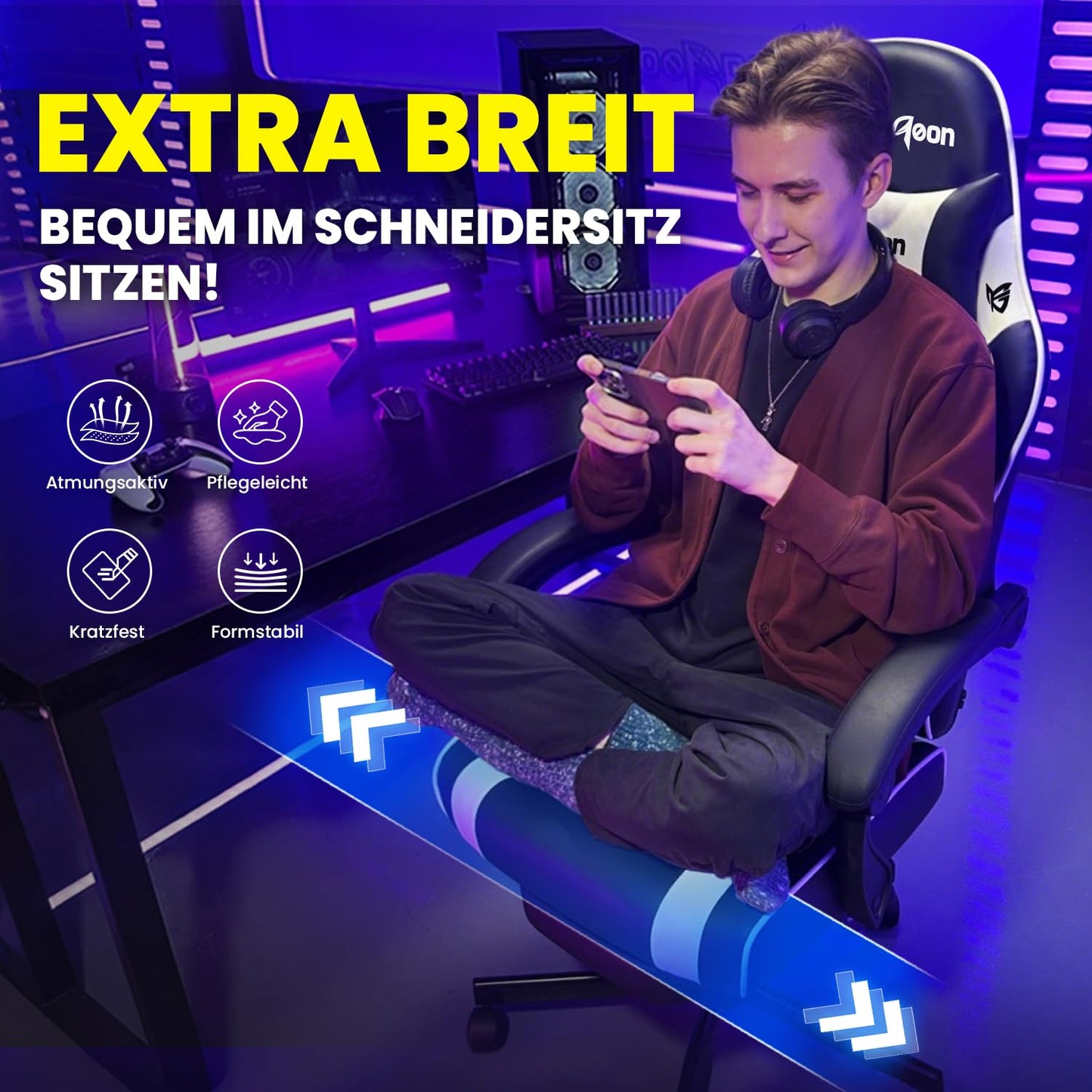 Gaming Stuhl – Ergonomisch mit Fußstütze, Kopfstütze & Lordosenstütze, bis 150 kg, Schwarz