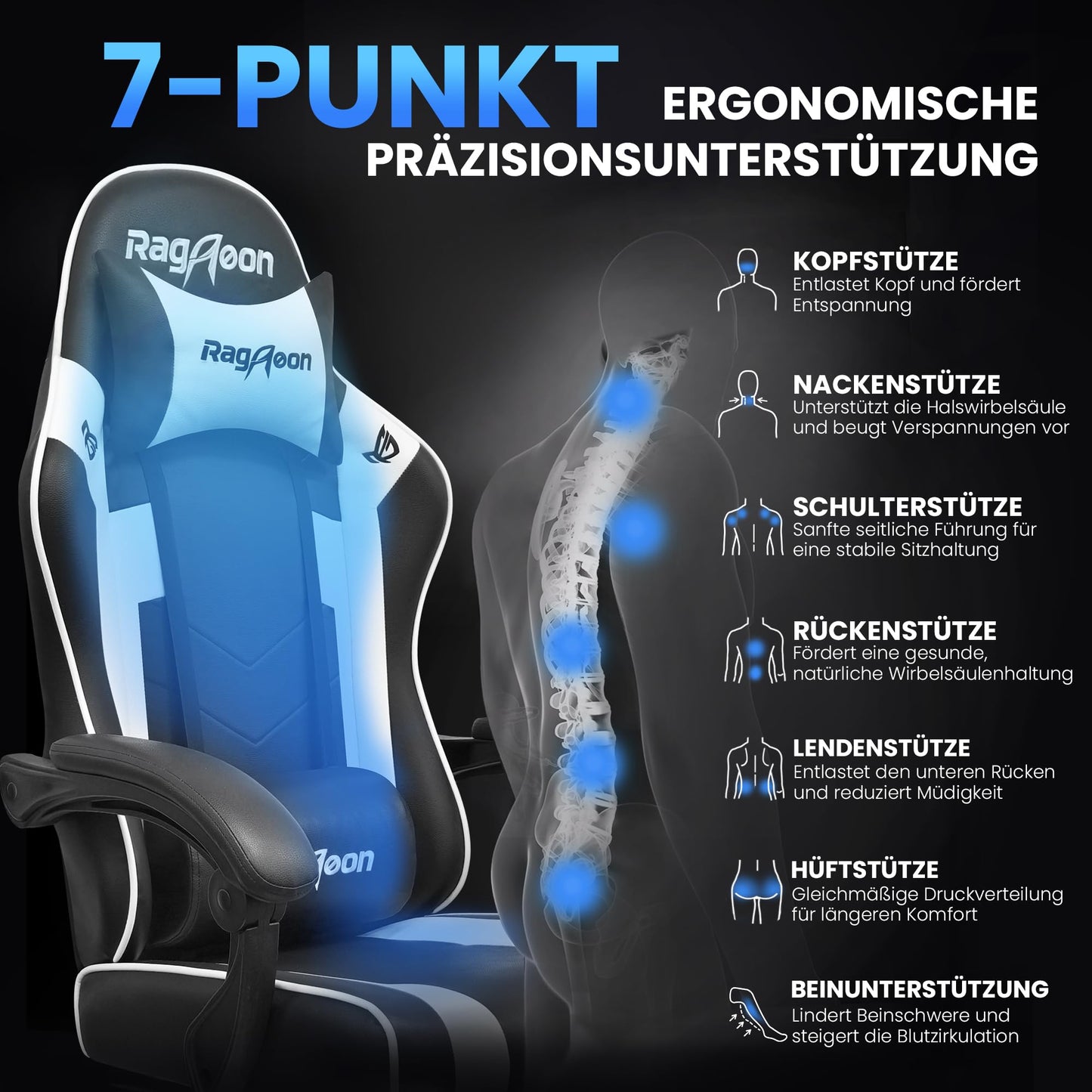 Gaming Stuhl – Ergonomisch mit Fußstütze, Kopfstütze & Lordosenstütze, bis 150 kg, Schwarz