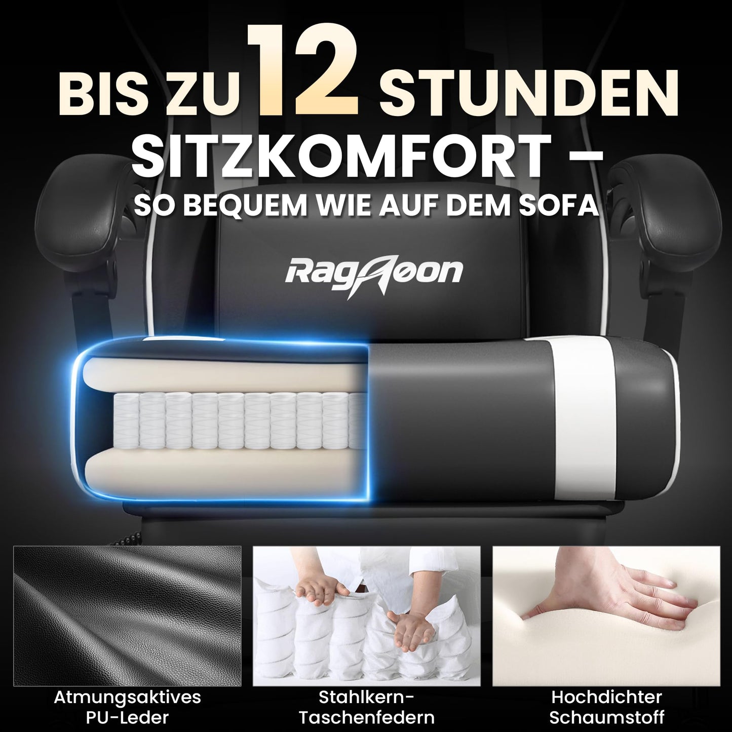 Gaming Stuhl – Ergonomisch mit Fußstütze, Kopfstütze & Lordosenstütze, bis 150 kg, Schwarz