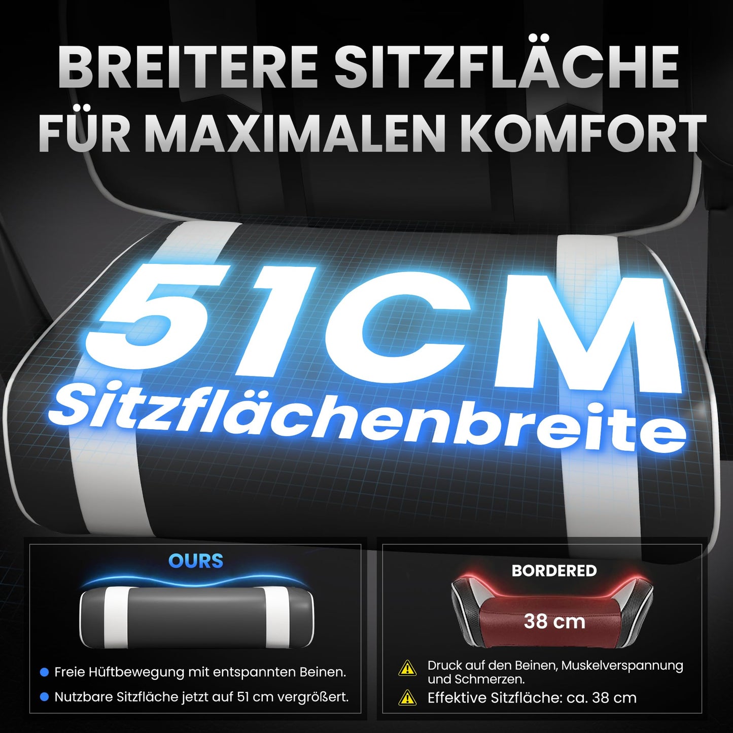 Gaming Stuhl – Ergonomisch mit Fußstütze, Kopfstütze & Lordosenstütze, bis 150 kg, Schwarz