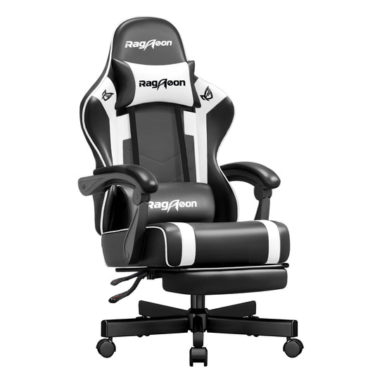 Gaming Stuhl – Ergonomisch mit Fußstütze, Kopfstütze & Lordosenstütze, bis 150 kg, Schwarz