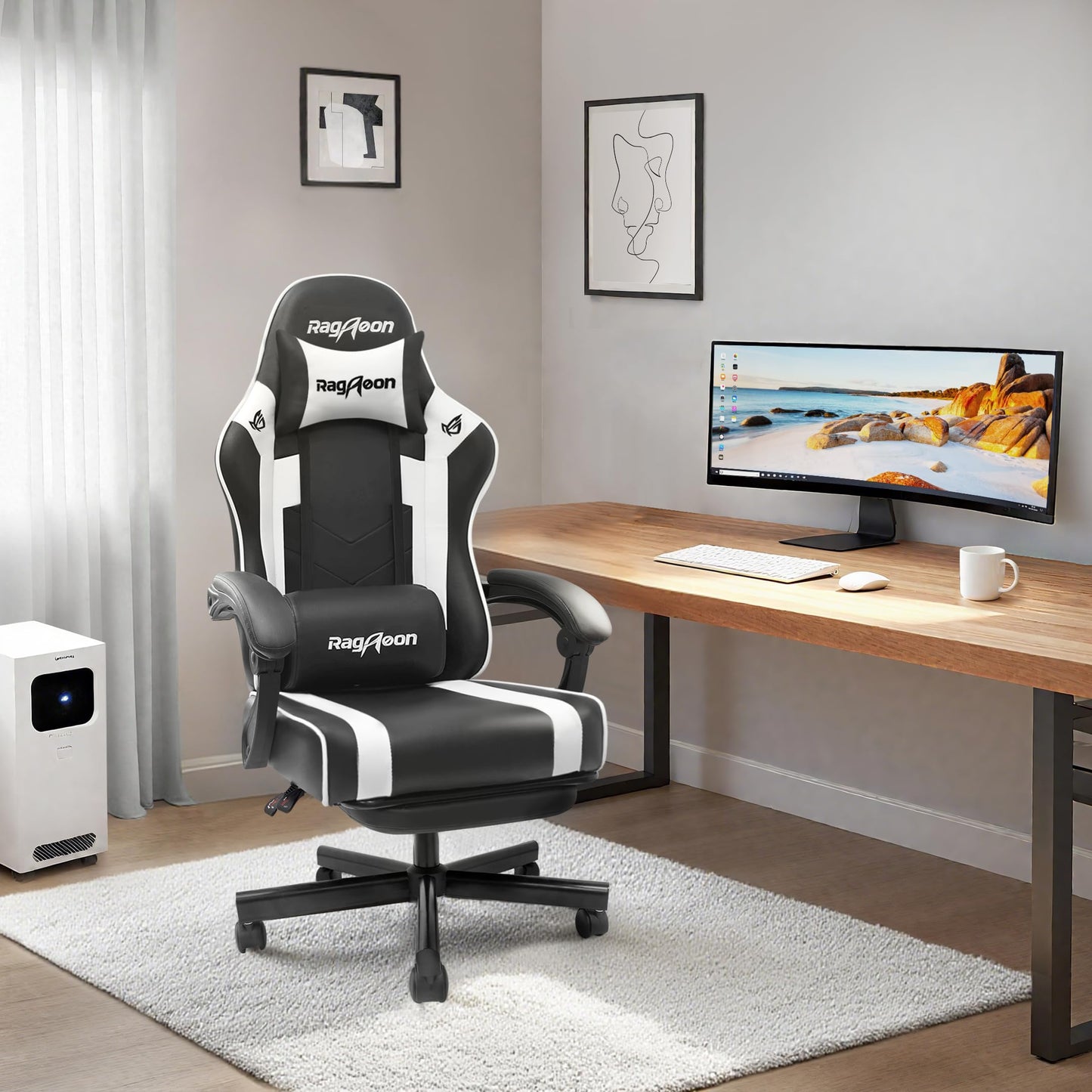 Gaming Stuhl – Ergonomisch mit Fußstütze, Kopfstütze & Lordosenstütze, bis 150 kg, Schwarz