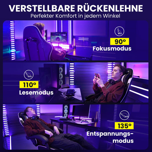 Gaming Stuhl – Ergonomisch mit Fußstütze, Kopfstütze & Lordosenstütze, bis 150 kg, Schwarz